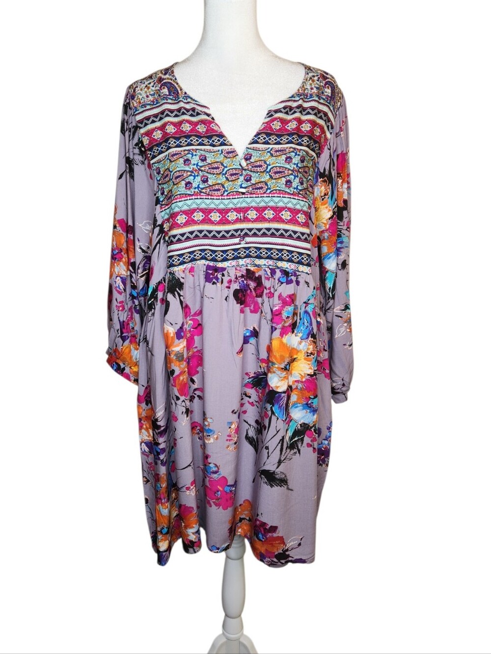 NEW Umgee 3/4 Sleeve Paisley Floral Purple Peasant Dress Size 1XL